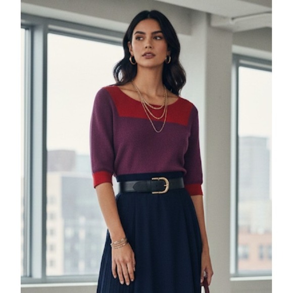 Tory Burch Sweaters - Tory Burch Sweater Womens XL Purple Red Colorblock Short Sleeve Wool Blend Knit